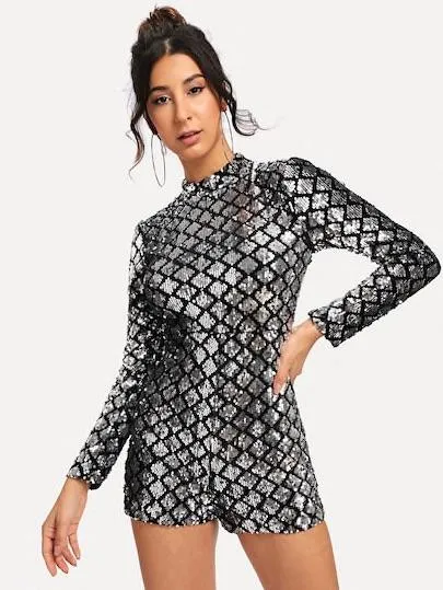 Allover Sequin Zip Back Romper