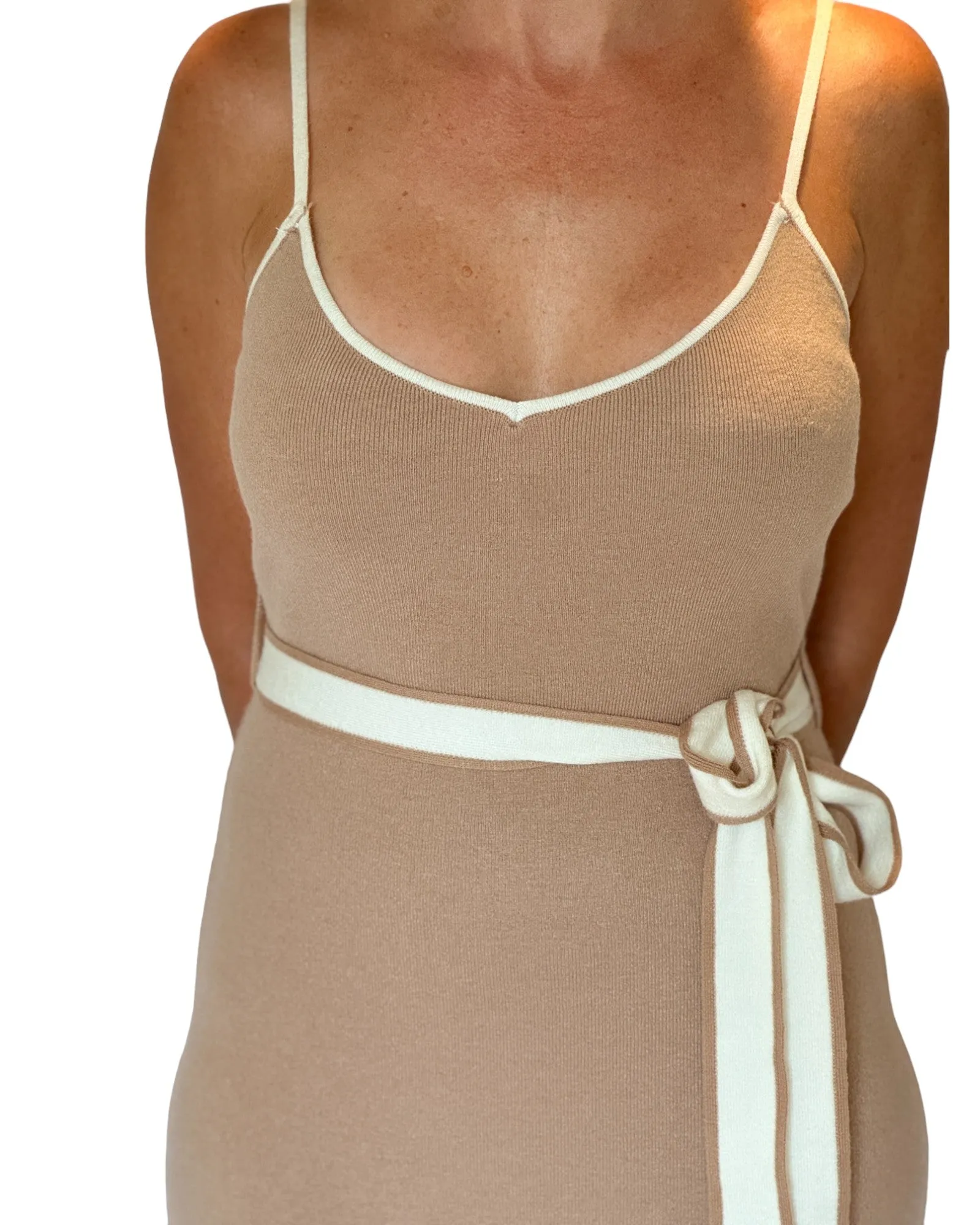 Cool Contrast Taupe Belted Maxi Dress