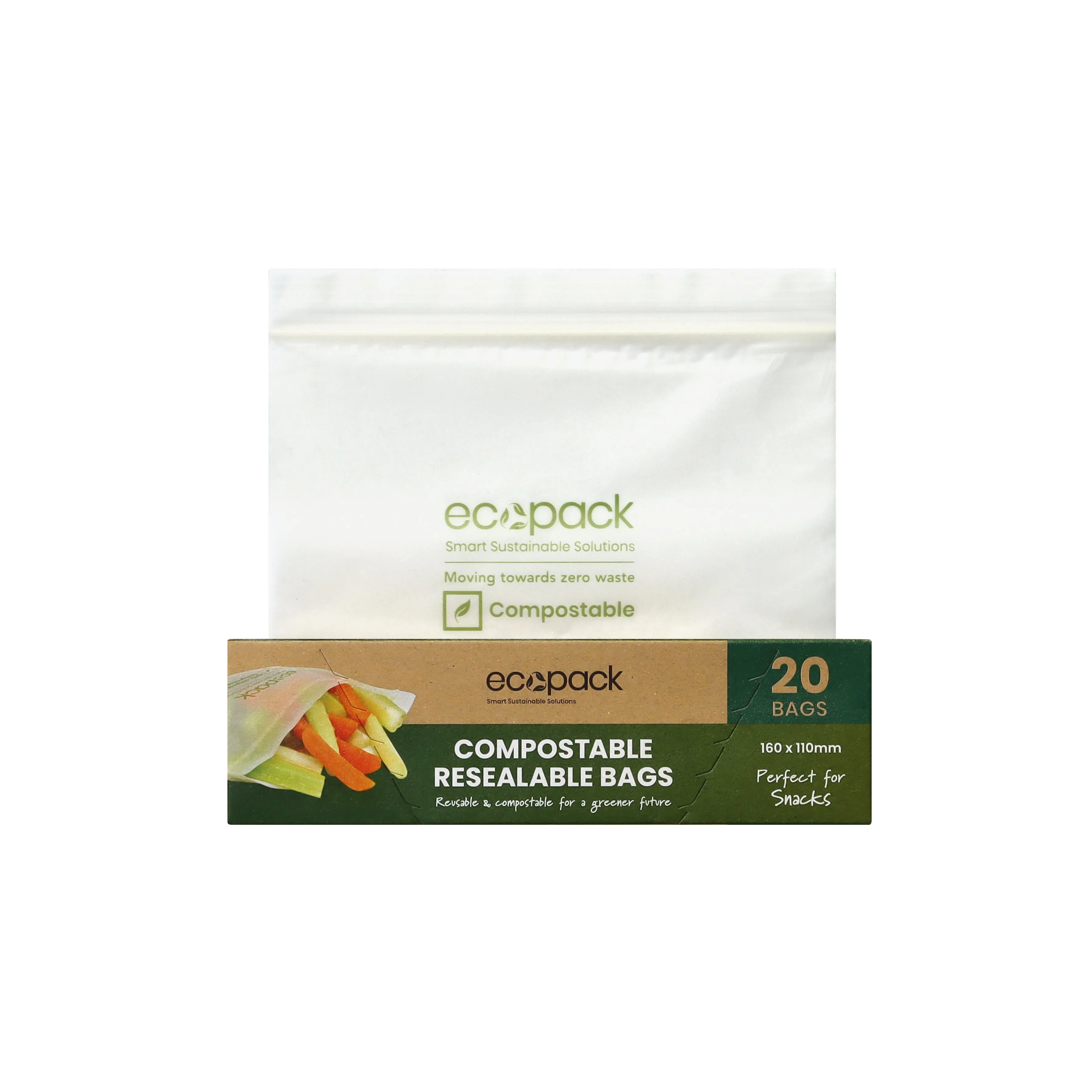 Ecopack Compostable Resealable Snack Bags (3 Boxes/60 Bags)