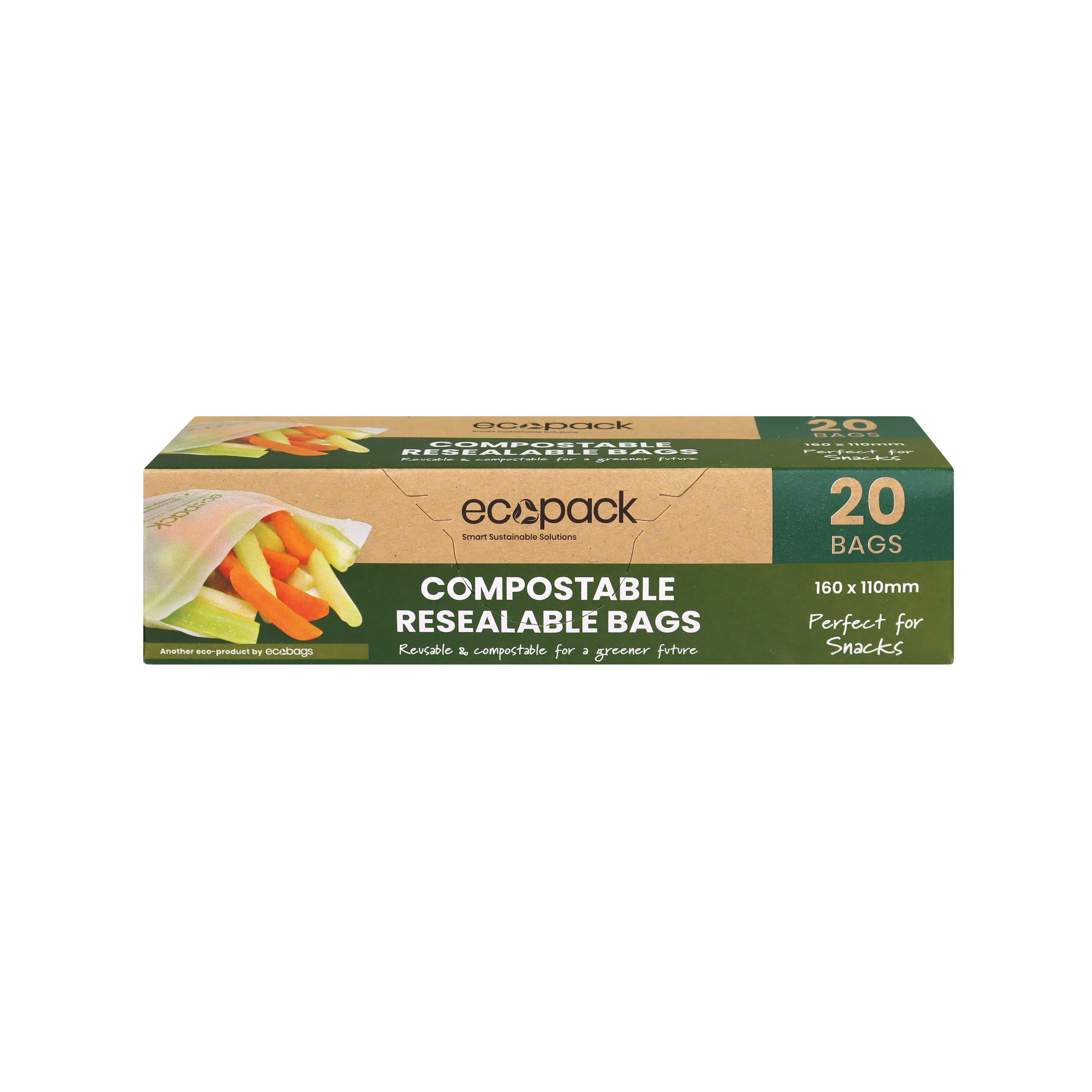 Ecopack Compostable Resealable Snack Bags (3 Boxes/60 Bags)