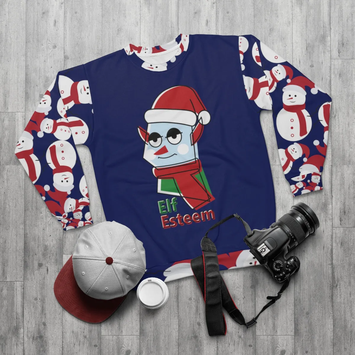 Elf Christmas Unisex Sweatshirts, Elf Esteem Navy Blue Cute Snowman Christmas Party Unisex Sweatshirt - Made in USA