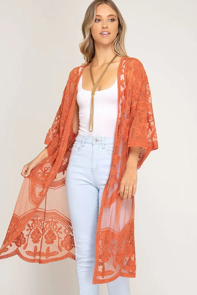 Half-Sleeve Crochet Lace Midi Kimono (Carrot)