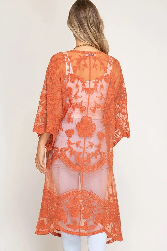 Half-Sleeve Crochet Lace Midi Kimono (Carrot)