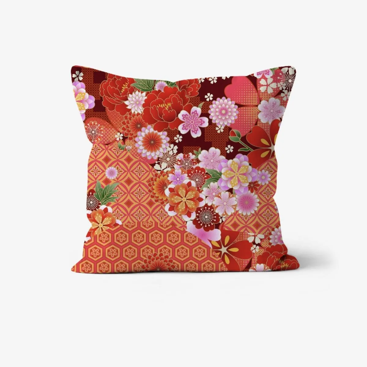 Japanese Kimono Geometric Pattern Surrounded by Flowers Print Cushion