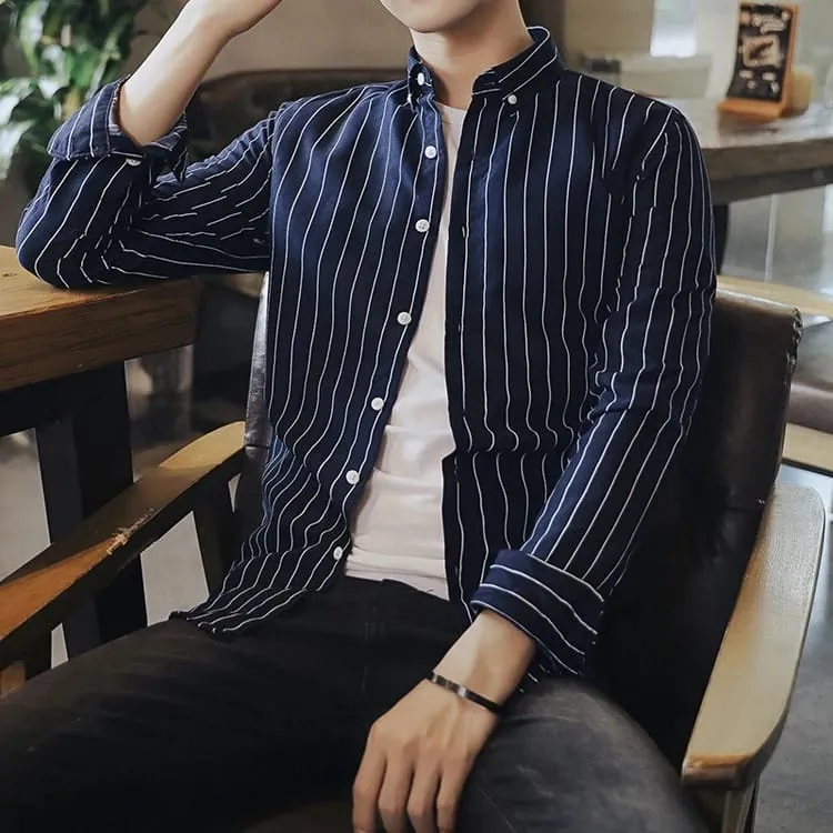 Korean Men's Fashion Business Casual Long Sleeve Stripe Shirt   S039193