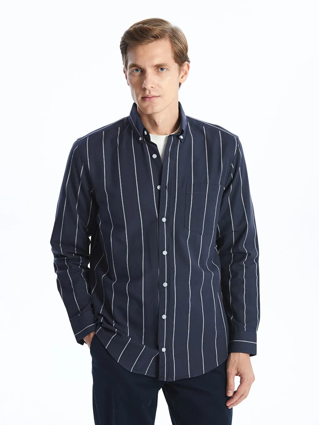 Korean Men's Fashion Business Casual Long Sleeve Stripe Shirt   S039193