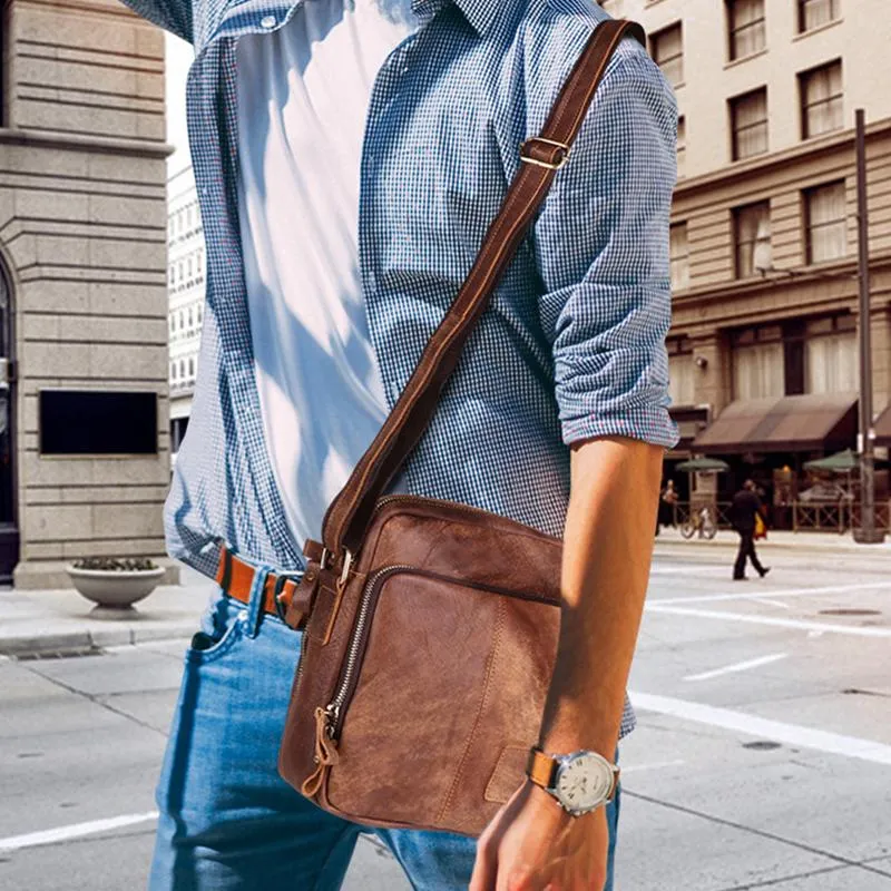 Men's Genuine Leather Triple Zip Classic Crossbody Bag