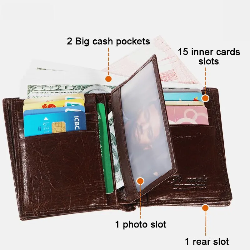 RFID Vertical Genuine Leather Multi-Slot Wallet