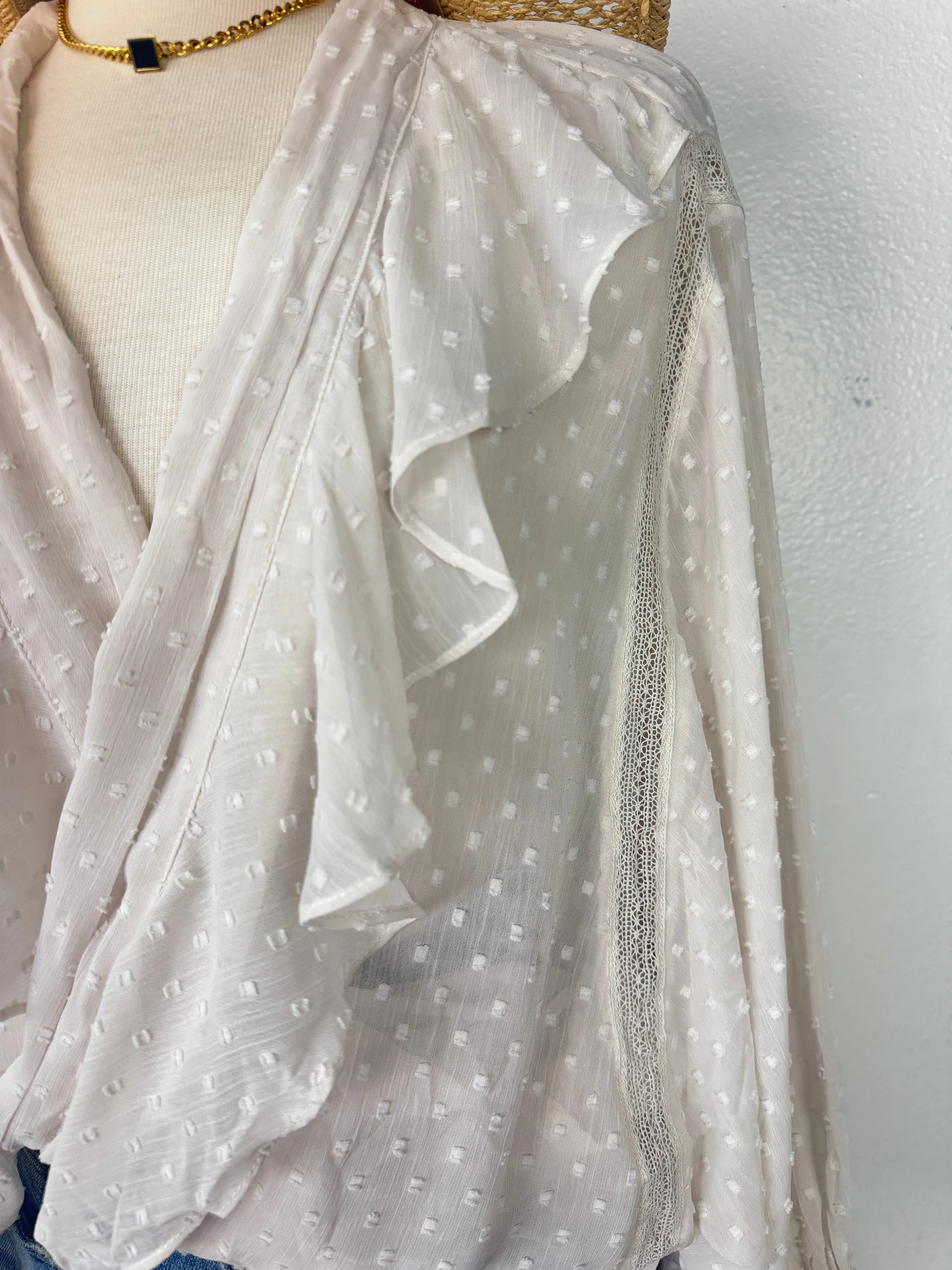 Ruffle sheer tie front kimono blouse