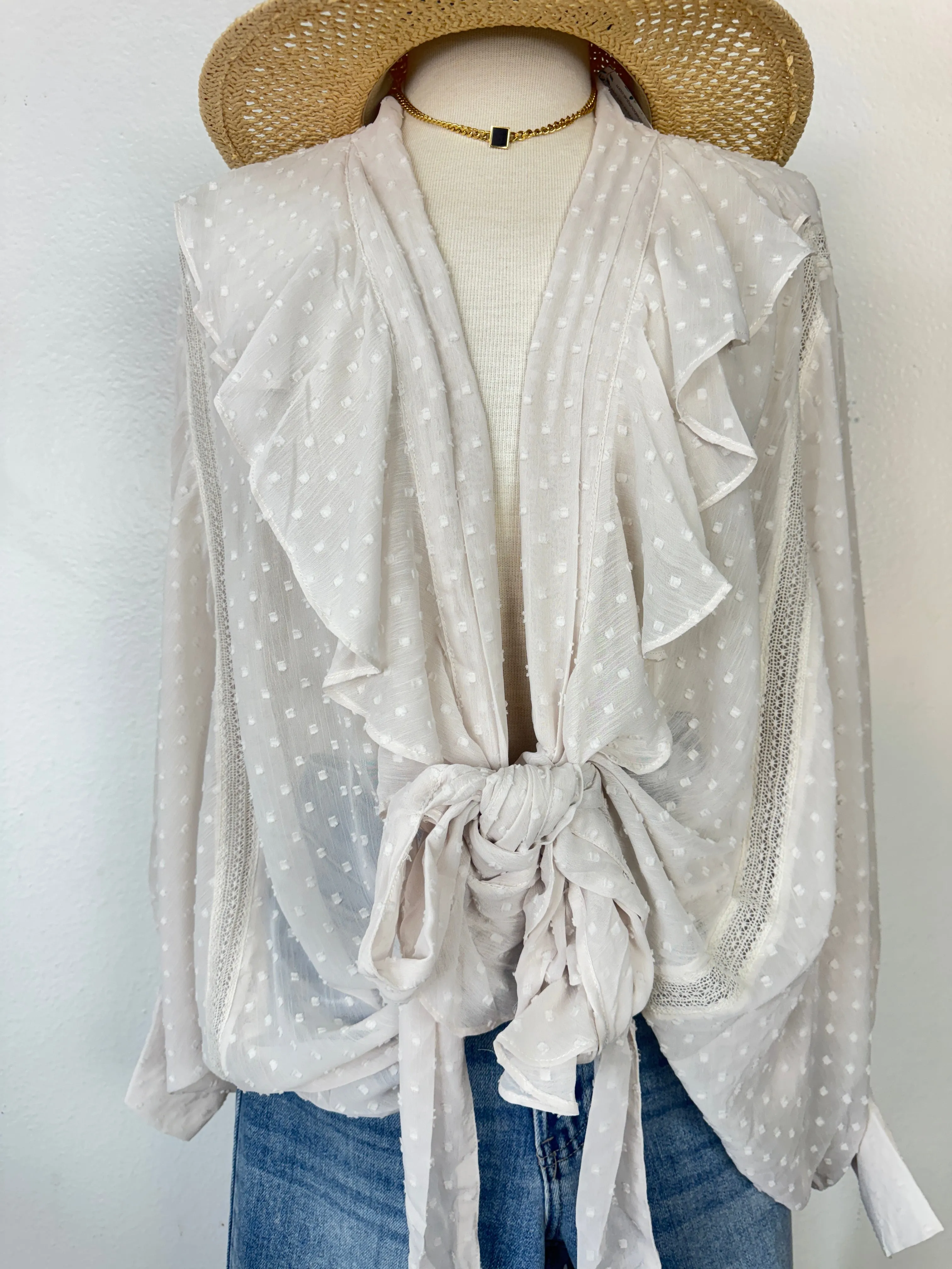 Ruffle sheer tie front kimono blouse
