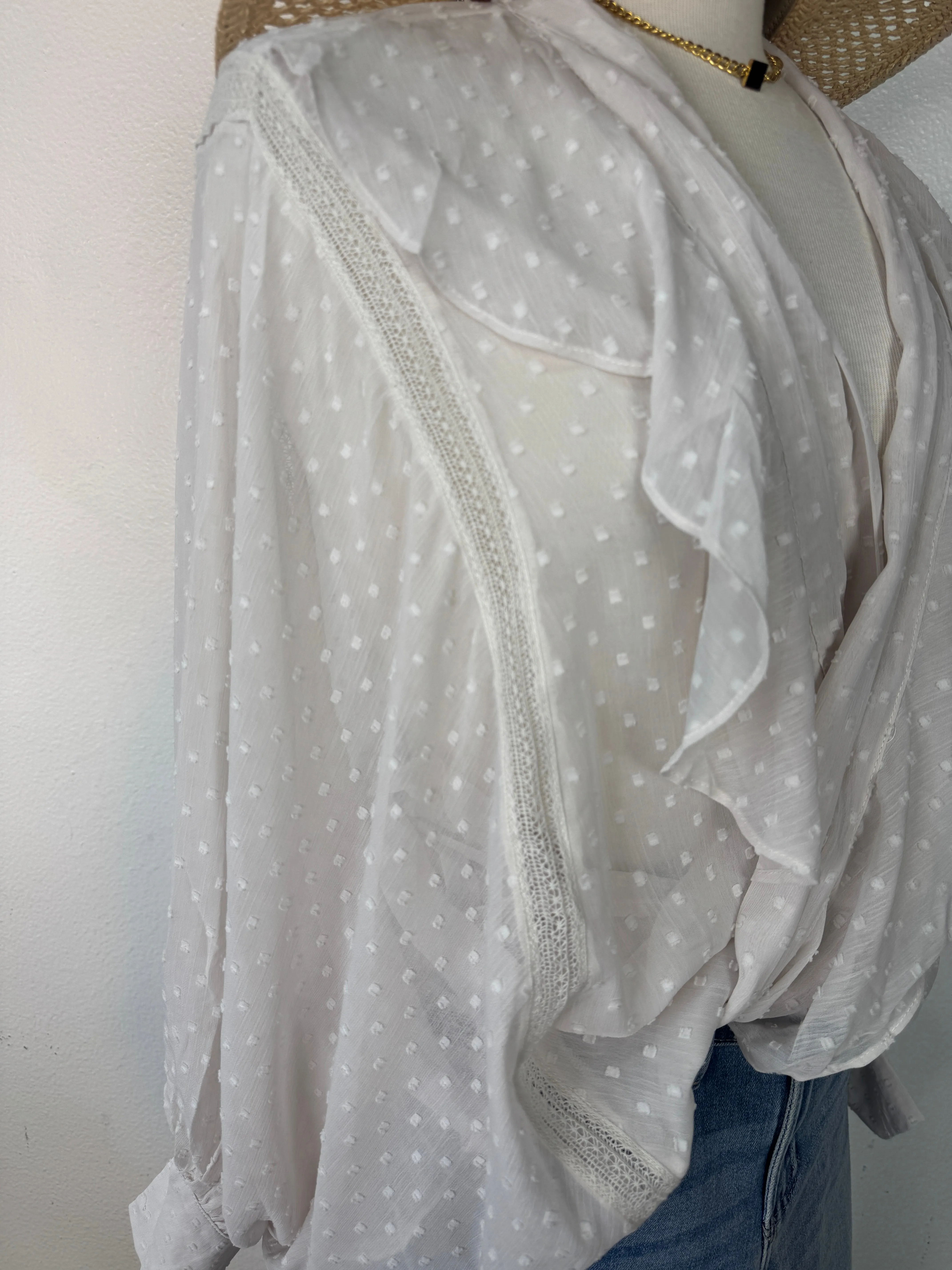 Ruffle sheer tie front kimono blouse