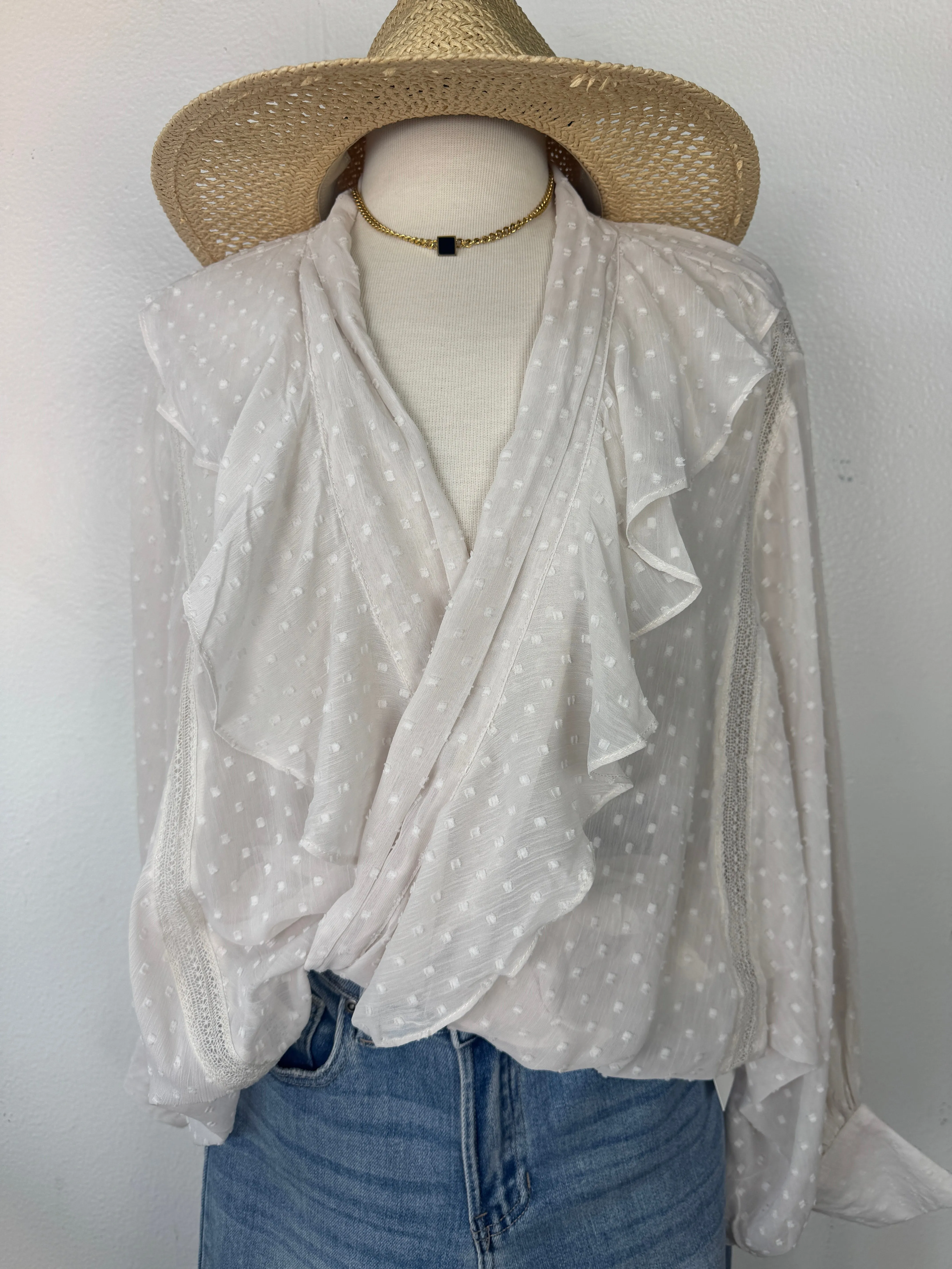 Ruffle sheer tie front kimono blouse